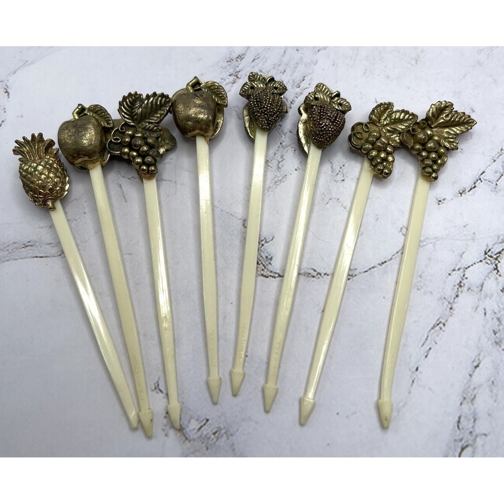 8 Vintage Gold Plated Sandwich Picks Stir Sticks‎ Vintage Kitchenware